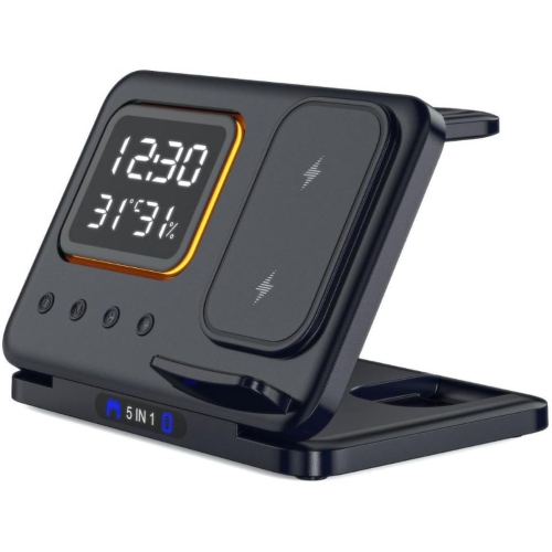 5 in 1 Foldable Wireless Charging Station, Fast Wireless Charging Station with Alarm Clock, RGB Night Light, High Power Intelligent Protection, for