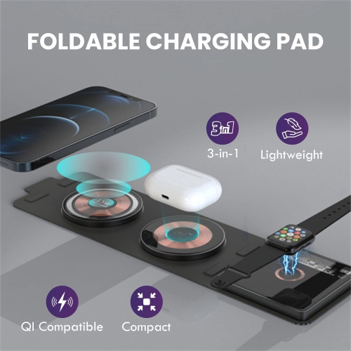 Foldable Travel 3 in 1 Charging Station for Apple - Transparent Glass Dual 15W Wireless Charging Station for Multiple Devices Including iPhones,