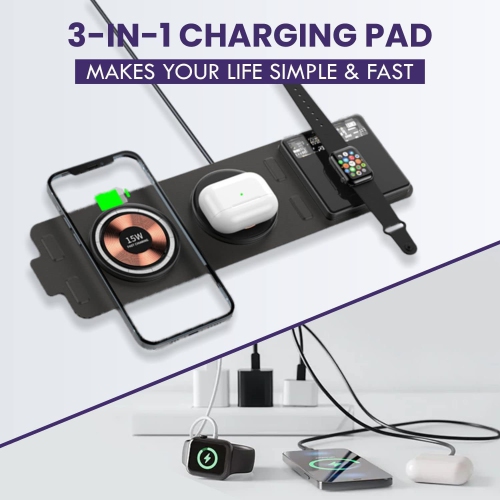 Foldable Travel 3 in 1 Charging Station for Apple - Transparent Glass Dual 15W Wireless Charging Station for Multiple Devices Including iPhones,