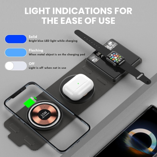 Foldable Travel 3 in 1 Charging Station for Apple - Transparent Glass Dual 15W Wireless Charging Station for Multiple Devices Including iPhones,
