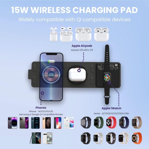 Foldable Travel 3 in 1 Charging Station for Apple - Transparent Glass Dual 15W Wireless Charging Station for Multiple Devices Including iPhones,