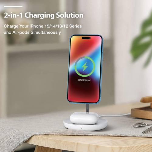 2-in-1 Magnetic Wireless Charger Stand Compatible with iPhone 15/14/13/12 Series/Airpods 2/3/Pro