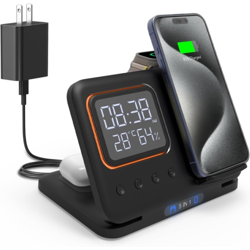 Foldable Wireless Charger Charging Station with Clock, 3 in 1 Travel Charger for Multiple Devices Apple Compatible with 16 15 14 Pro Max 13 12/ Watch