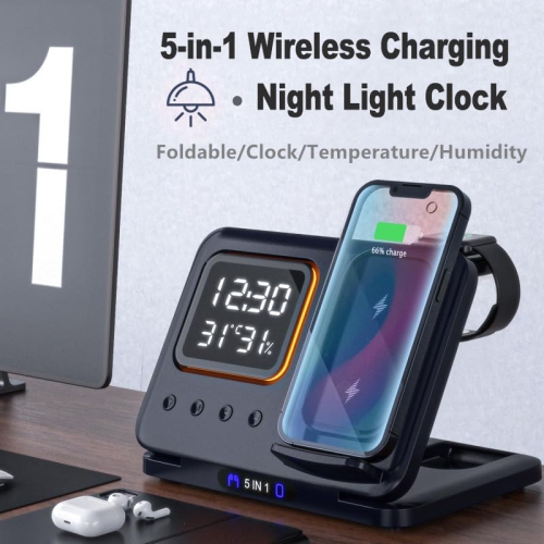 Foldable Wireless Charger Charging Station with Clock, 3 in 1 Travel Charger for Multiple Devices Apple Compatible with 16 15 14 Pro Max 13 12/ Watch