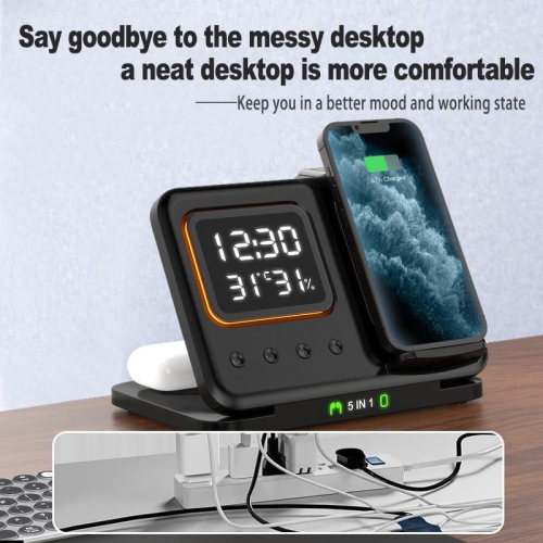 Foldable Wireless Charger Charging Station with Clock, 3 in 1 Travel Charger for Multiple Devices Apple Compatible with 16 15 14 Pro Max 13 12/ Watch