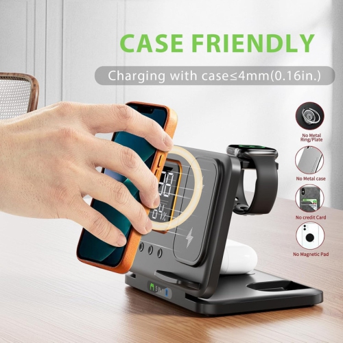 Foldable Wireless Charger Charging Station with Clock, 3 in 1 Travel Charger for Multiple Devices Apple Compatible with 16 15 14 Pro Max 13 12/ Watch