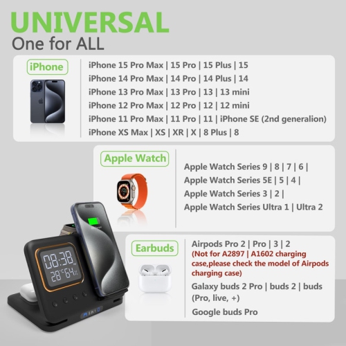 Foldable Wireless Charger Charging Station with Clock, 3 in 1 Travel Charger for Multiple Devices Apple Compatible with 16 15 14 Pro Max 13 12/ Watch