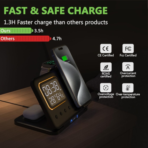 Foldable Wireless Charger Charging Station with Clock, 3 in 1 Travel Charger for Multiple Devices Apple Compatible with 16 15 14 Pro Max 13 12/ Watch