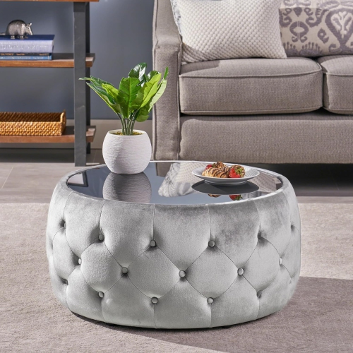 30" Round Velvet Ottoman Coffee Table, Button Tufted Coffee Table with Tempered Glass Top Modern Upholstered Tufted Velvet Cocktail Center Table for