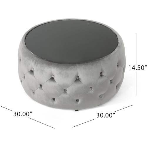 30" Round Velvet Ottoman Coffee Table, Button Tufted Coffee Table with Tempered Glass Top Modern Upholstered Tufted Velvet Cocktail Center Table for