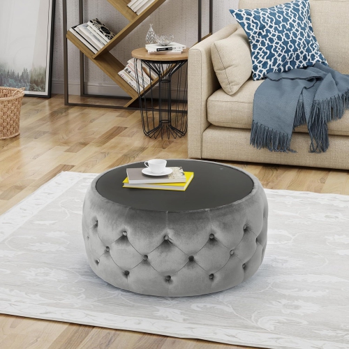 30" Round Velvet Ottoman Coffee Table, Button Tufted Coffee Table with Tempered Glass Top Modern Upholstered Tufted Velvet Cocktail Center Table for
