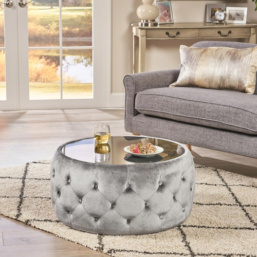 30" Round Velvet Ottoman Coffee Table, Button Tufted Coffee Table with Tempered Glass Top Modern Upholstered Tufted Velvet Cocktail Center Table for