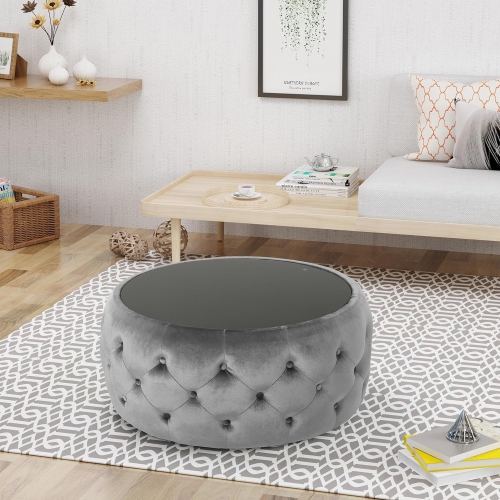 30" Round Velvet Ottoman Coffee Table, Button Tufted Coffee Table with Tempered Glass Top Modern Upholstered Tufted Velvet Cocktail Center Table for
