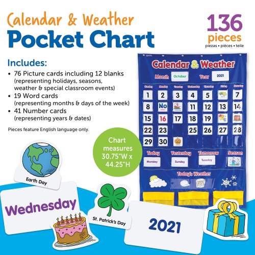 Learning Resources Calendar and Weather Pocket Chart - 136 pieces, Classroom Supplies and Organization
