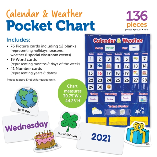 Learning Resources Calendar and Weather Pocket Chart - 136 pieces, Classroom Supplies and Organization