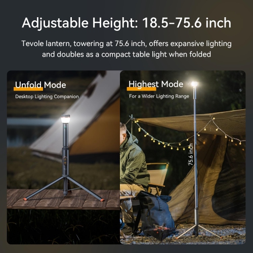 TEVOLE Camping Light Telescopic & Collapsible: 800 Lumens IP65 Waterproof Smart Remote Magnetic Base USB Rechargeable Battery for Outdoor Adventure