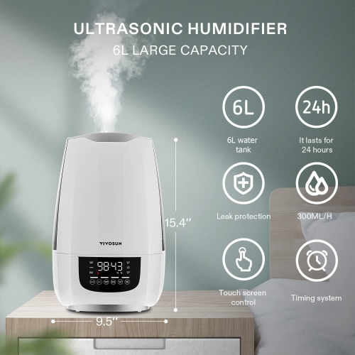 Cool Mist Humidifier, 6L Quiet Ultrasonic Humidifier for Bedroom