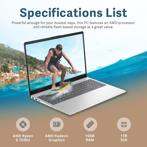 Open Box - HP 15.6" Full HD Laptop, AMD Ryzen 5 7520U Processor, 1TB SSD, 16GB RAM, AMD Radeon Graphics, Bluetooth, Wi-Fi, Windows 11, Silver, 32GB