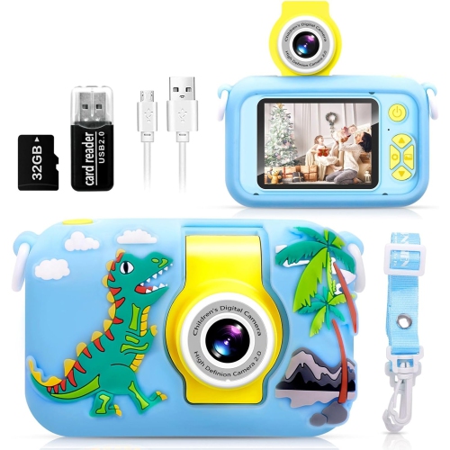 Appareil photo numérique pour enfants avec objectif rabattable à 180°, écran HD IPS de 2,4&nbsp;po, étui en silicone dinosaure, carte SD 32&nbsp;Go i