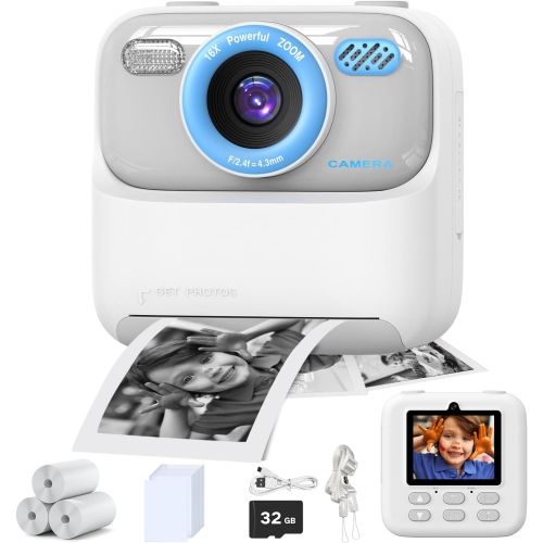 Kids Digital Camera with Instant Print Photo, 1080P HD Video, for Boys and Girls Ages 3-12, Birthday Gifts, Selfie Camera, Ideal for 3-12 Year Old Ki