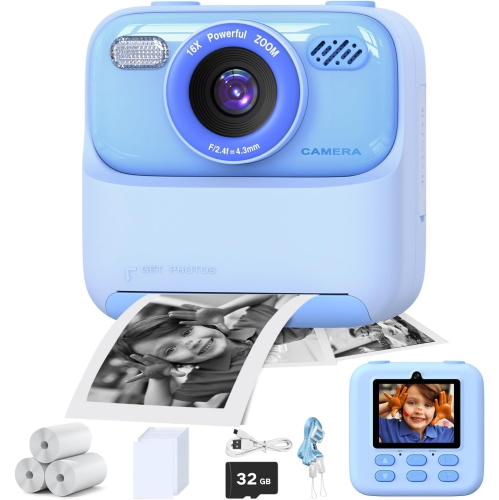 Kids Digital Camera with Instant Print Photo and 1080P HD Video, Perfect Birthday Gift for Boys and Girls Ages 3-12, Toys for Kids, Blue Camera for 3