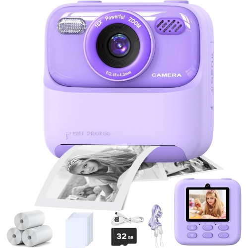 Kids Digital Camera with Instant Print Photo, 1080P HD Video, Birthday Gifts for Boys and Girls Ages 3-12, Perfect Toy for Children, Purple Camera fo