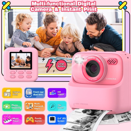 Kids Digital Camera with Instant Print Photo, 1080P HD Video, Birthday Gifts for Boys and Girls Ages 3-12, Perfect Toy for Children, Pink Camera for