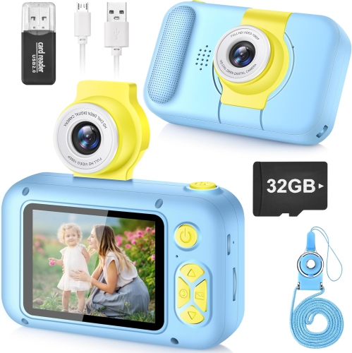 Kids Digital Camera with 2.4in IPS Screen, 180° Flip Lens, Selfie Camera for Children, Features Playback Games, Ideal Christmas/Birthday Gift for Boy