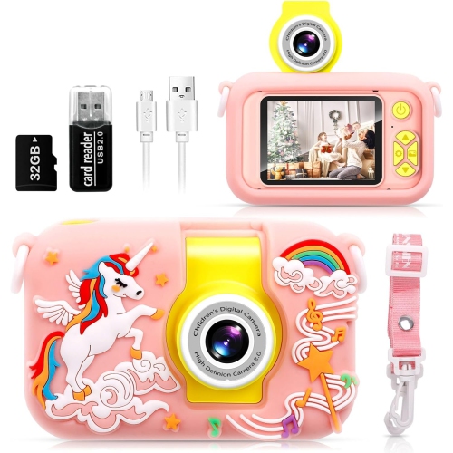 Appareil photo numérique pour enfants avec objectif rabattable à 180°, écran HD IPS de 2,4&nbsp;po, étui en silicone licorne et carte SD 32&nbsp;Go,