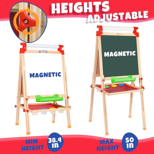 Height Adjustable Wooden Art Easel for Kids, Double-Sided Magnetic Dry Erase Whiteboard & Chalkboard, All-in-One Standing Easel with 100+ Bonus Toddl