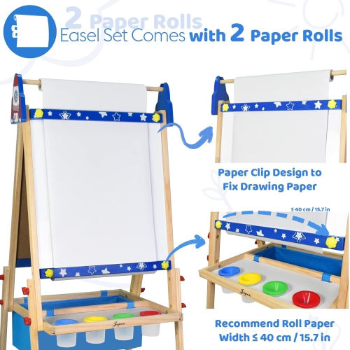 Adjustable Standing Art Easel for Kids, Magnetic Whiteboard & Chalkboard, 98+ Bonus Art Supplies, Includes 2 Paper Rolls, Finger Paints, Letters & Nu