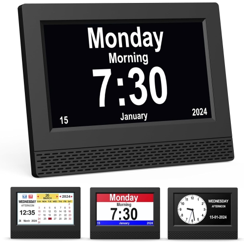 7" HD Digital Alarm Clock with Large Screen Display, Multiple Clock Modes, Auto-Dimming, Non-Abbreviated Day and Date for Alzheimer's, Dementia, Memo