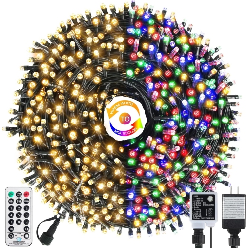 Arbre de Noël LED à couleur changeante de 105 pi 300, jeu de lumières intérieur/extérieur à 11 modes, télécommande, minuterie et mémoire, blanc chaud