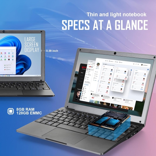 Windows 11 Laptop Computer, 8GB RAM 128GB ROM, Intel Celeron Quad-Core Processors, 10" Netbook Computer with WiFi, Webcam and Bluetooth, Mini Laptop