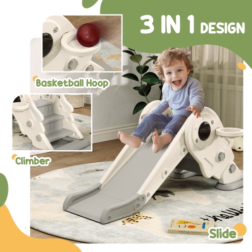 Qaba 3 in 1 Toddler Slide, Foldable Kids Slide with Basketball Hoop, Climber, Anti-Slip Steps, Space-Themed Children Activity Equipment for Age 2-5,