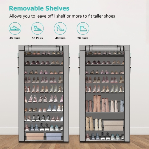 10 Tier Shoe Rack with Dust Cloth Cover, Large Capacity Tall Shoe Shelf Organizer Storage to 50 Pairs Shoes, Gray