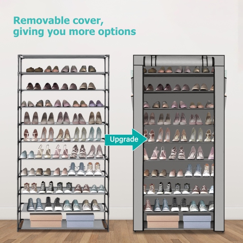 10 Tier Shoe Rack with Dust Cloth Cover, Large Capacity Tall Shoe Shelf Organizer Storage to 50 Pairs Shoes, Gray