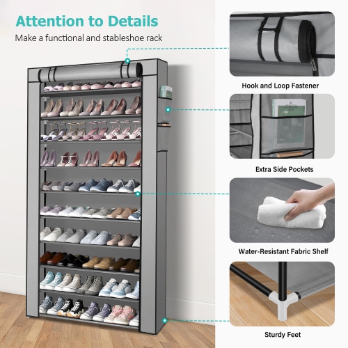 10 Tier Shoe Rack with Dust Cloth Cover, Large Capacity Tall Shoe Shelf Organizer Storage to 50 Pairs Shoes, Gray