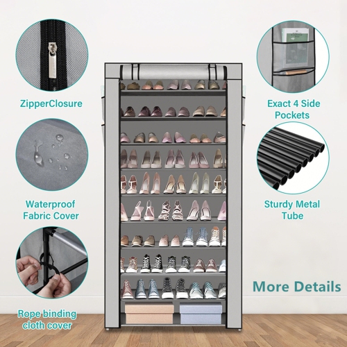 10 Tier Shoe Rack with Dust Cloth Cover, Large Capacity Tall Shoe Shelf Organizer Storage to 50 Pairs Shoes, Gray