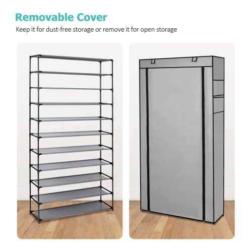 10 Tier Shoe Rack with Dust Cloth Cover, Large Capacity Tall Shoe Shelf Organizer Storage to 50 Pairs Shoes, Gray