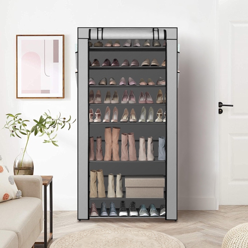 10 Tier Shoe Rack with Dust Cloth Cover, Large Capacity Tall Shoe Shelf Organizer Storage to 50 Pairs Shoes, Gray