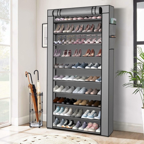 10 Tier Shoe Rack with Dust Cloth Cover, Large Capacity Tall Shoe Shelf Organizer Storage to 50 Pairs Shoes, Gray