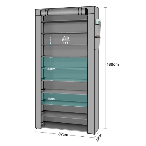 10 Tier Shoe Rack with Dust Cloth Cover, Large Capacity Tall Shoe Shelf Organizer Storage to 50 Pairs Shoes, Gray