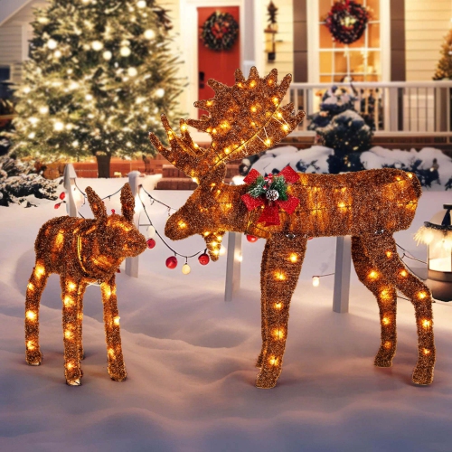 COSTWAY  2 PCs Lighted Moose Family Light-Up Xmas Deer Decorations With 170 Led Lights