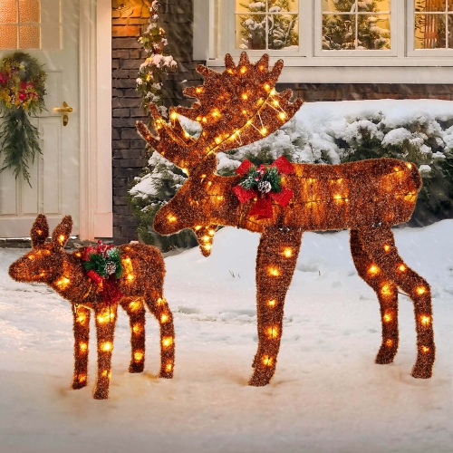 Costway 2 PCS Lighted Moose Family Light-up Xmas Deer Decorations with 170 LED Lights