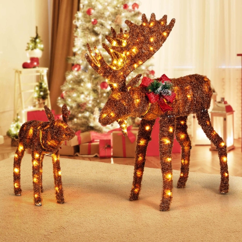 Costway 2 PCS Lighted Moose Family Light-up Xmas Deer Decorations with 170 LED Lights