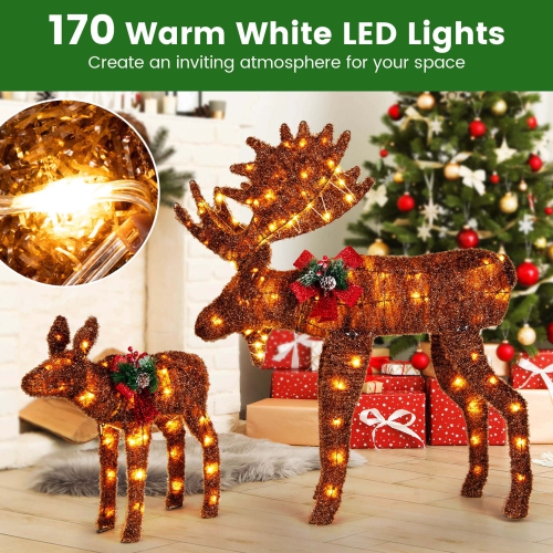 Costway 2 PCS Lighted Moose Family Light-up Xmas Deer Decorations with 170 LED Lights