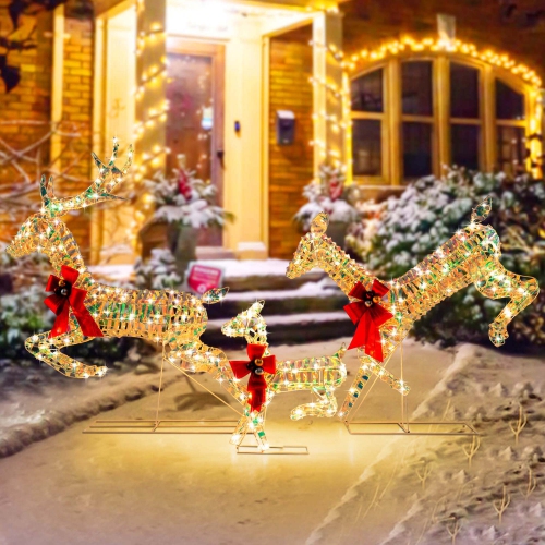 Costway Christmas Lighted Reindeer with LED Lights and Red Bows Stakes