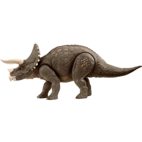 Dinosaure jouet Jurassic World de Mattel, figurine d'action de tricératops de Defender d'Habitat fabriquée à 60 % avec certification ISCC.