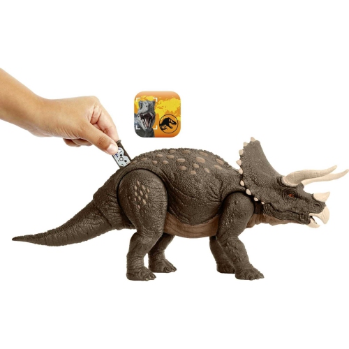 Dinosaure jouet Jurassic World de Mattel, figurine d'action de tricératops de Defender d'Habitat fabriquée à 60 % avec certification ISCC.